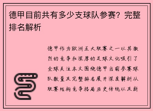 德甲目前共有多少支球队参赛？完整排名解析